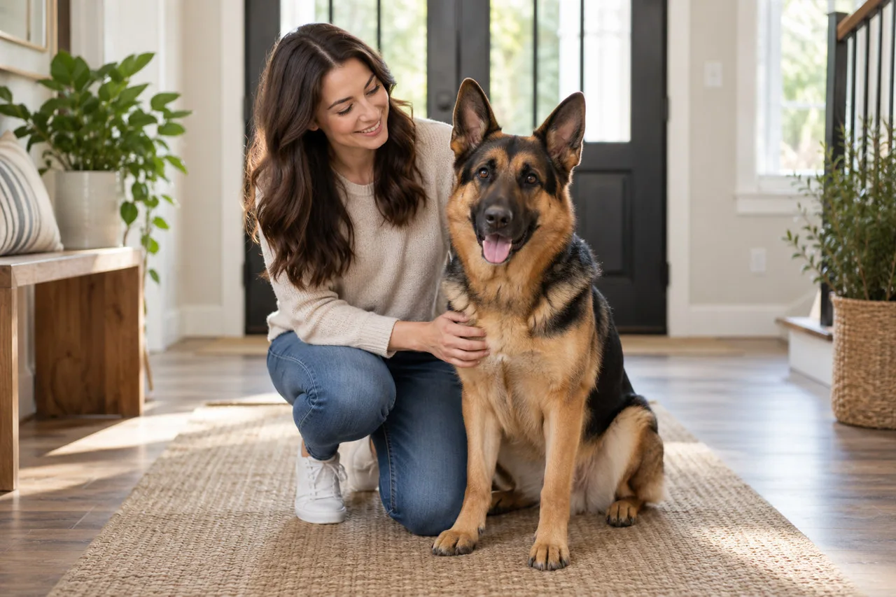 Shepherd-like dog sitting beside its owner indoors